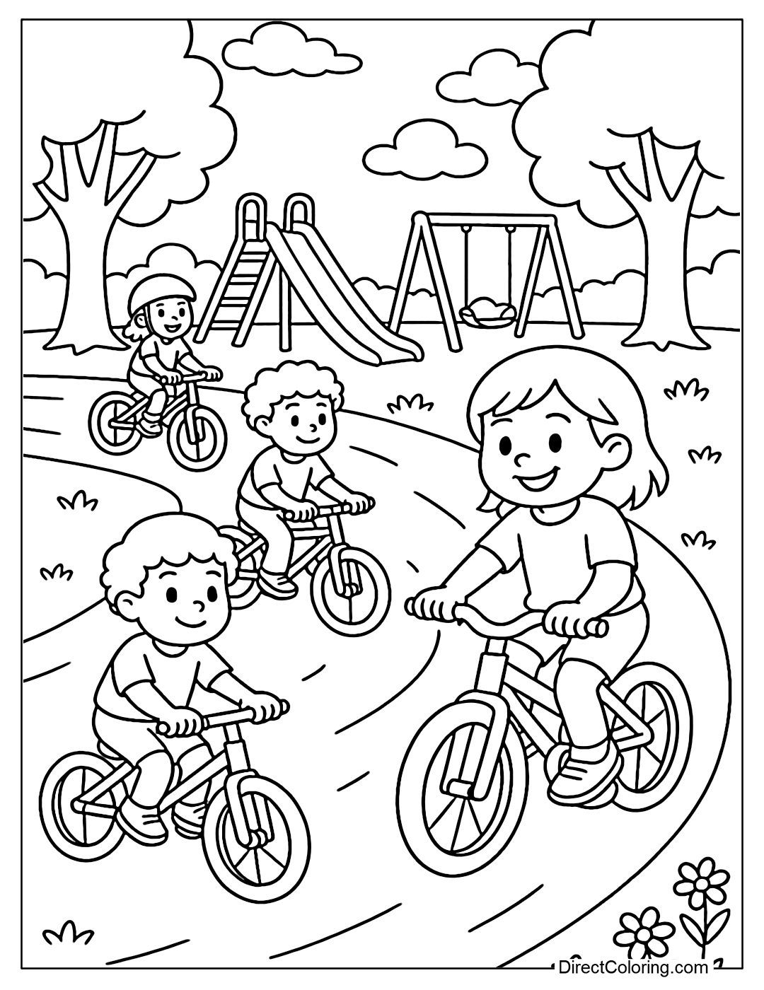 A coloring page of a group of children cycling around a playground with a slide and swings.